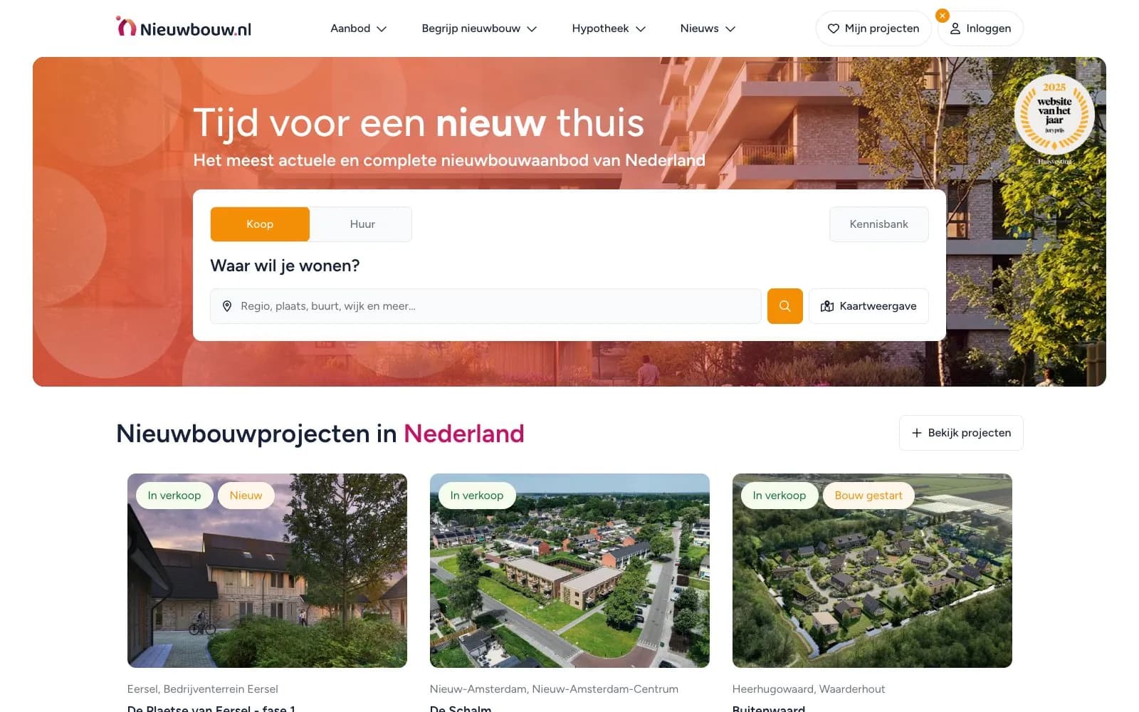 De homepage van Nieuwbouw.nl